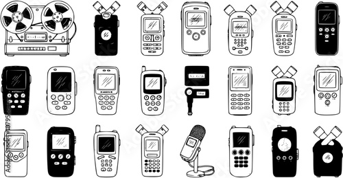 Hand-drawn sketch collection of various audio recording devices and digital voice recorders. From retro reel-to-reel tape decks to modern portable gadgets and microphones, vintage 