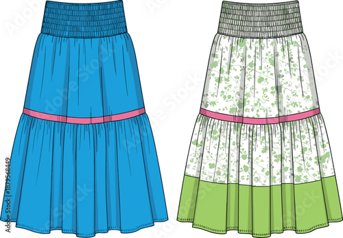 Women's Tiered Midi Skirt Fashion Technical Flat Drawing, Shirred High Waist Apparel Template with Contrast Ribbon Detail, Floral Print Option, Garment Vector Illustration for Design and Mockup.