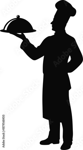 Silhouette of a chef in uniform holding a serving cloche on a white background Keywords: chef, cook, silhouette, food, serving, cloche, dish, restaurant, catering, uniform, hat