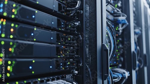 Close-up of a server rack with blinking lights and cables in a data center.