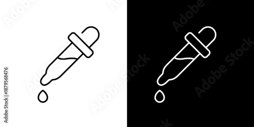 A graphic representation of a dropper with a drop of liquid falling from it, shown in both black and white outlines icon