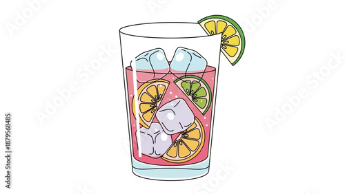 Refreshing pink cocktail with ice and citrus slices.