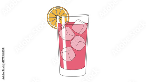 Refreshing pink drink with ice and a lemon slice.