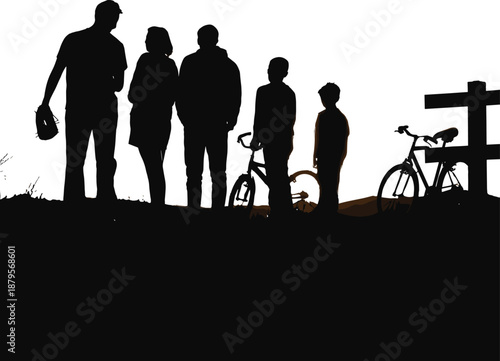 Silhouette of a family with bicycles and a fence in a field at dusk with a baseball glove and colored accents