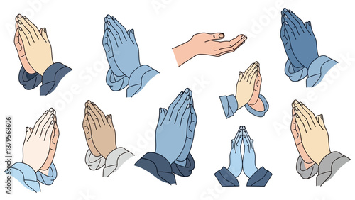 Set of diverse praying hands in various positions and skin tones.