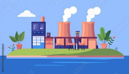 Stylized industrial landscape with cooling towers and a small building, set against a blue sky
