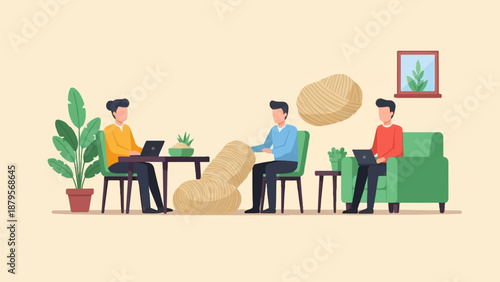 Three individuals engage in work and crafting activities within a relaxed indoor setting