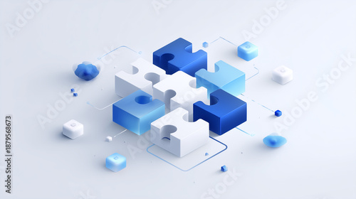 abstract 3d blue and white jigsaw puzzle pieces for business collaboration, conceptual isometric visualization of strategic integration and problem solving, modern saas landing page asset representing