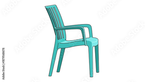Single turquoise plastic chair with armrests on a white background.