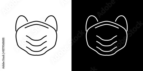 Medical mask icon outline on white and black backgrounds for protection against viruses and pollution