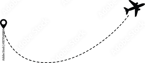 Cad drawing flat vector illustration of airplane flight path with location pin,
