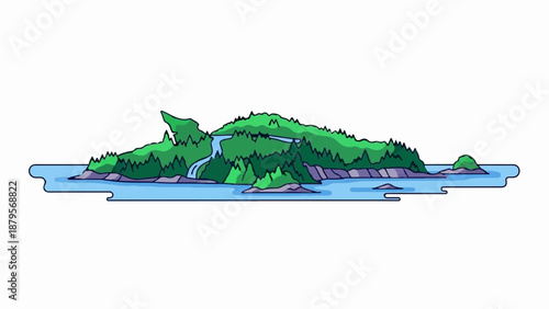 Stylized island with lush green trees, a cascading waterfall, and tranquil blue water