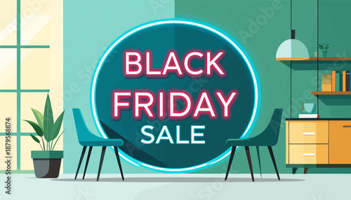 Stylized room with chairs facing a glowing 'Black Friday Sale' sign