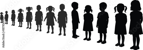 Children silhouettes, growth stages, age progression, development concept, standing pose, ponytail variation, childhood timeline, black figures