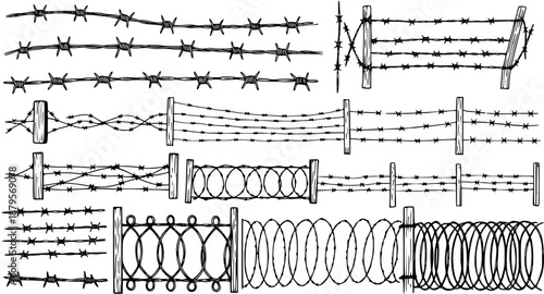Collection of Hand-Drawn Barbed Wire and Razor Wire Fences and Coils - Sketchy Security Barriers
