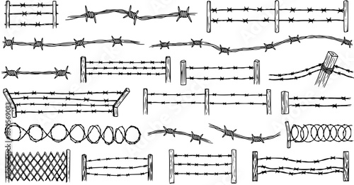 Hand-Drawn Barbed Wire and Fence Collection - Various Sketch Illustrations of Metal Barrier, Security, and Protection Designs