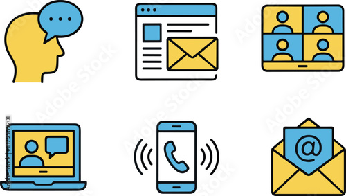 Communication icons, email, video call, online chat, smartphone, digital messaging, virtual meeting, speech bubble, ringing phone, web mail, mobile device, remote connection,