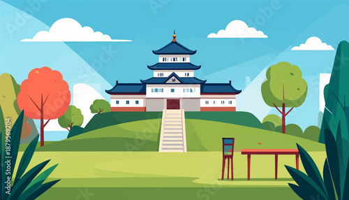 Stylized Japanese castle on a hill, surrounded by lush greenery and a clear blue sky