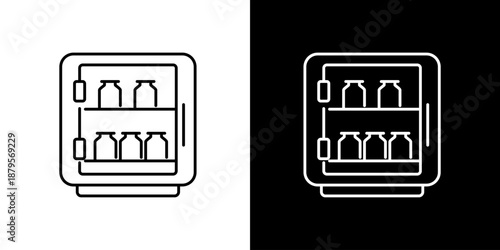 Vector line art illustration of a beverage cooler filled with bottles against a black and white background