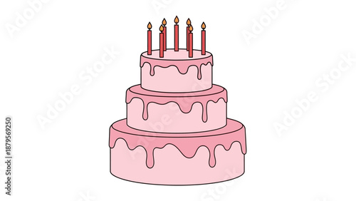 Three-Tiered Pink Birthday Cake with Lit Candles.