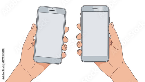 Two hands holding smartphones with blank screens, ready for your custom content.