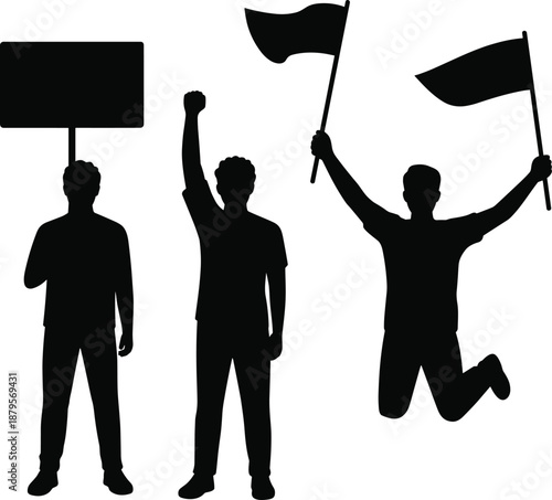 Silhouette of three men protesting with a blank sign and flags on a white background demonstration