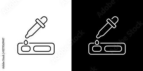 Diagnostic test icon featuring a pipette applying liquid to a sample strip, representing medical screening, laboratory analysis, and rapid health checks