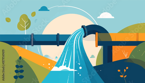 Stylized landscape illustration with a large pipe discharging water into a natural setting
