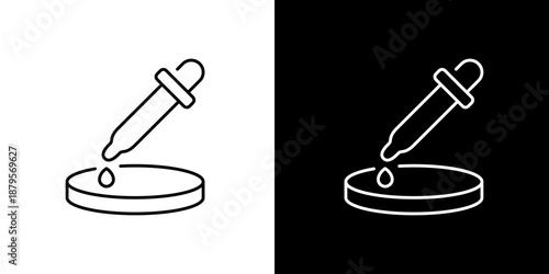 Scientific laboratory equipment dropper and petri dish icons symbolizing medical research, discovery, and analysis