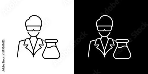 Minimalist line art icon representing a scientist or researcher in a laboratory setting, engaged in scientific study or an experiment with chemical apparatus