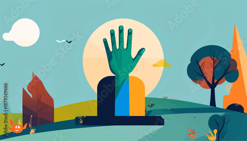 Stylized landscape with a giant green hand raised against a large sun disk, with abstract trees and clouds