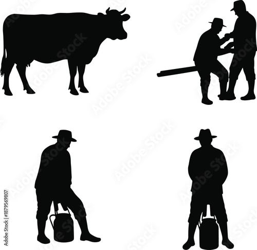Dairy farming silhouettes with cow and milk can, farmer milking cow, rural agriculture scene, black vector illustration, traditional pastoral design