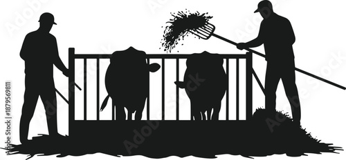 Farmers feeding cows with hay, livestock silhouettes, rural agriculture scene, farm animal care, black vector illustration, village farming, cattle feeding concept