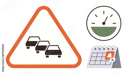 Road safety, travel planning, time management, scheduling, transportation, traffic monitoring. Traffic sign with cars, speed gauge and a calendar alert. Road safety and travel planning visualization