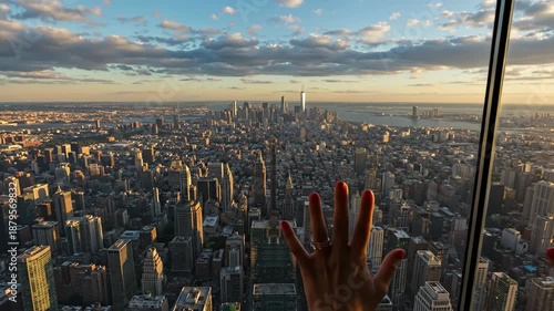 New York City skyline at sunset from an observation deck. Hands pressed against glass window overlooking Manhattan. View of One World Trade Center. Urban exploration and travel concept