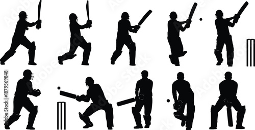 Cricket player silhouettes, batting bowling poses, sports action collection, professional cricket movement, black human figures, isolated vector illustration set