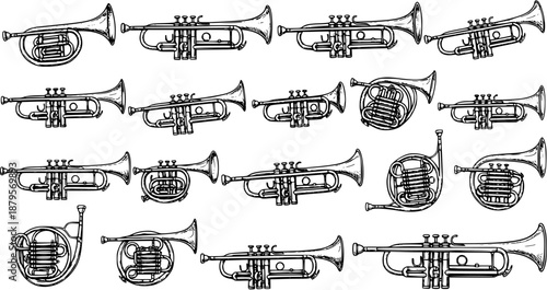 Seamless pattern with hand-drawn brass musical instruments: various trumpets and French horns in a black and white sketch style. Ideal for music-themed backgrounds and designs.