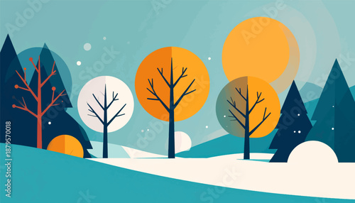 Stylized winter landscape with trees and abstract suns