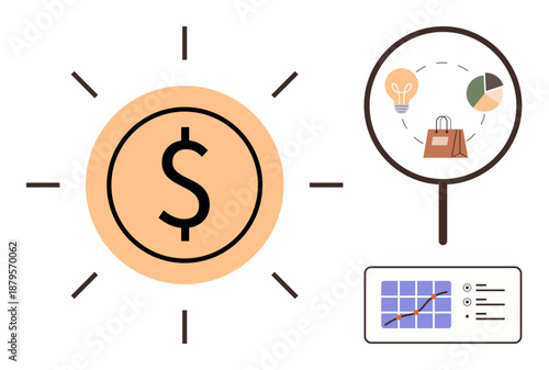 Financial services, digital marketing, e-commerce, business strategy, investment tracking, data analysis. Large dollar sign, shopping cart magnifying glass and chart. Financial services and digital