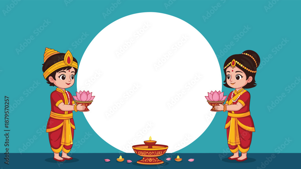 Obraz premium Two Indian children in traditional red and yellow clothing holding lotus flowers around a large white circular frame.