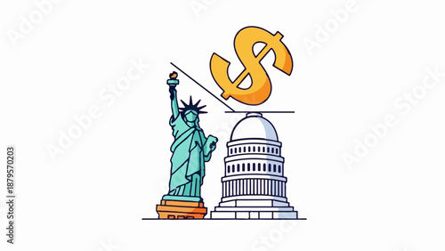 The Statue of Liberty and Capitol Building balance a dollar sign on a scale