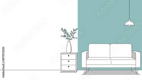 Minimalist interior design illustration of a living room containing a white sofa, a wooden side table, and a potted plant.