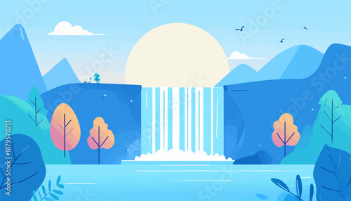 Stylized landscape with cascading waterfall, sun, mountains, trees, and a solitary figure