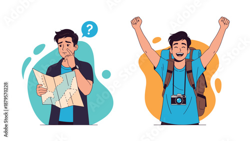 Comparison illustration showing a confused male tourist holding a map versus a happy traveler with a camera and backpack.