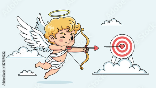 Adorable cupid angel with wings and a halo aiming a heart-shaped arrow at a target while flying among fluffy white clouds.