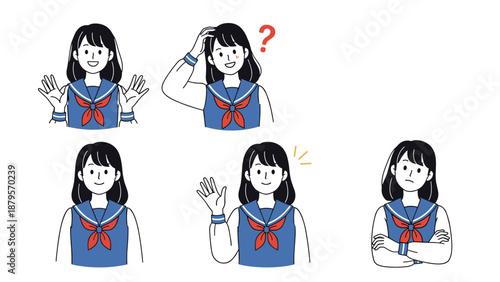 Set of character illustrations of a young girl in a blue school uniform expressing various moods and different gestures.