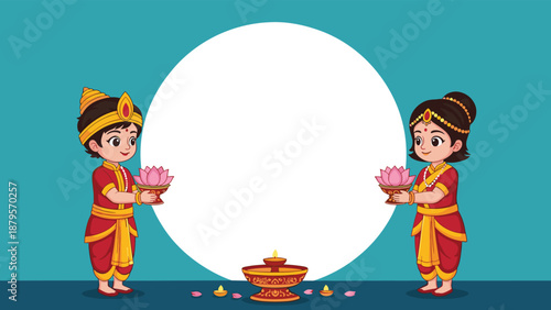 Two Indian children in traditional red and yellow clothing holding lotus flowers around a large white circular frame.
