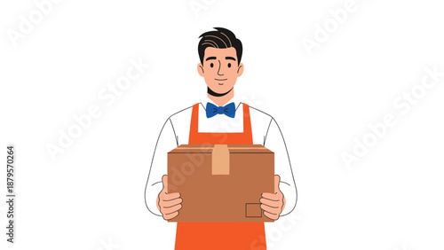 Friendly delivery man wearing an orange apron and a blue bow tie holding a brown cardboard box package for shipment.