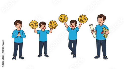 Collection of poses featuring a young boy in a blue shirt cheerleading with pom-poms and holding a graduation diploma.