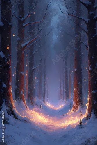 Magical Path in Blue Winter Forest